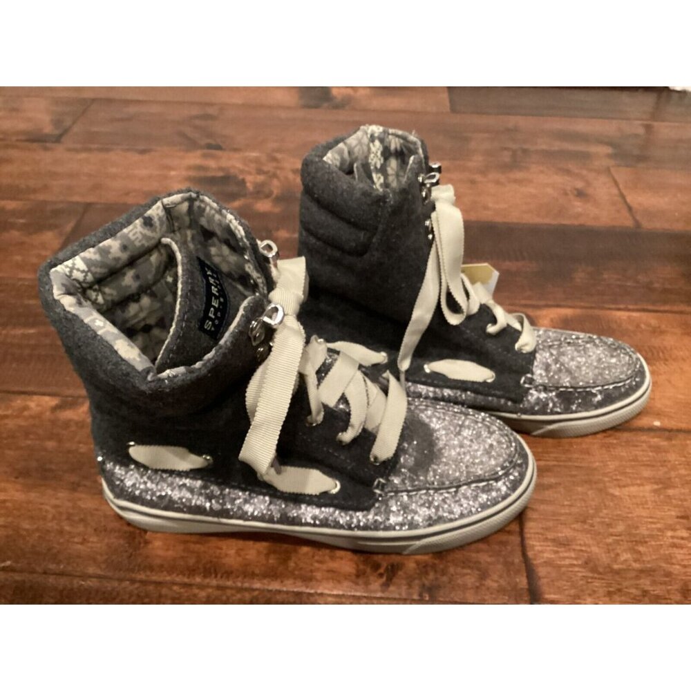 Sperry Top Sider Gray & Silver Glitter Lace-Up High Top Sneakers, Size 6.5 (US)